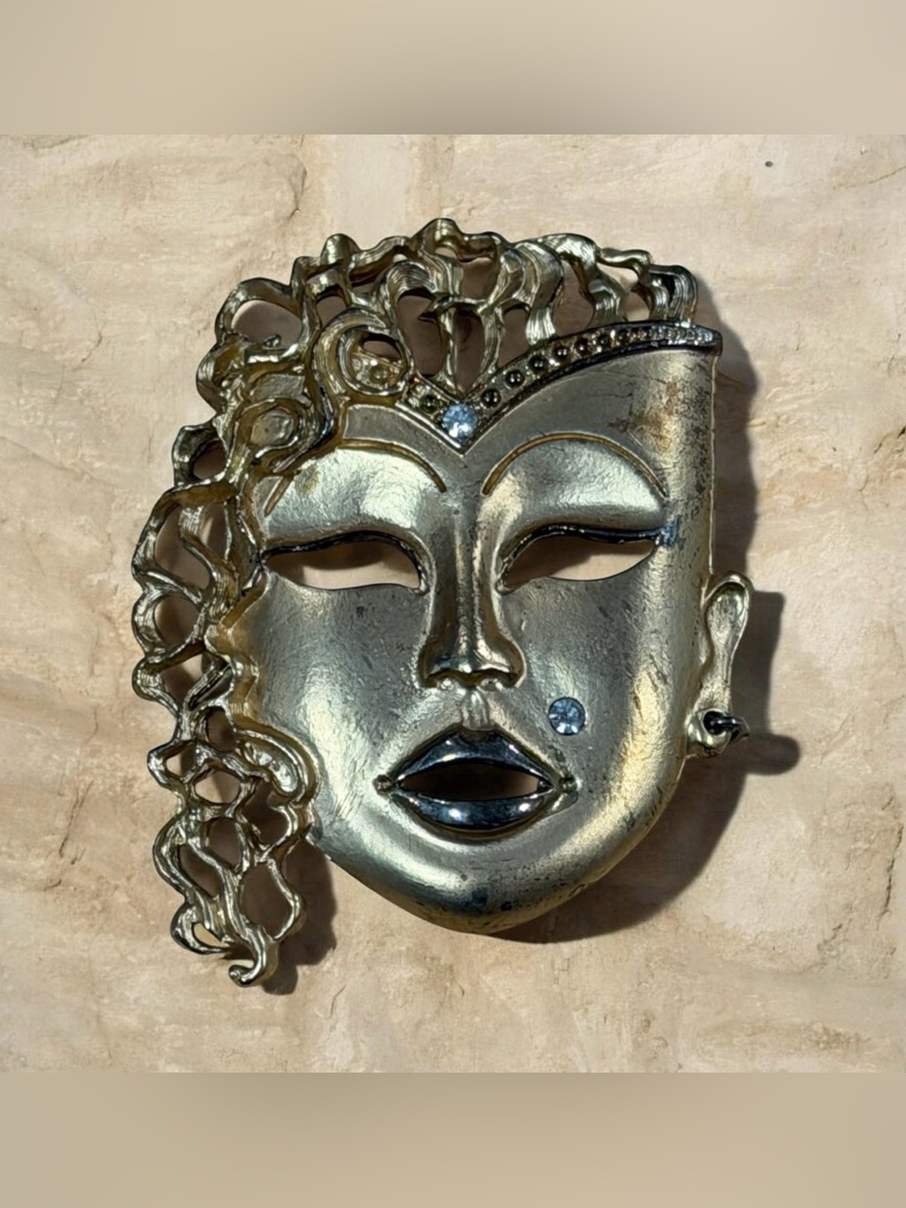 Gold-Tone Mask Brooch with Crystal Accent - Statement Women's Jewelry